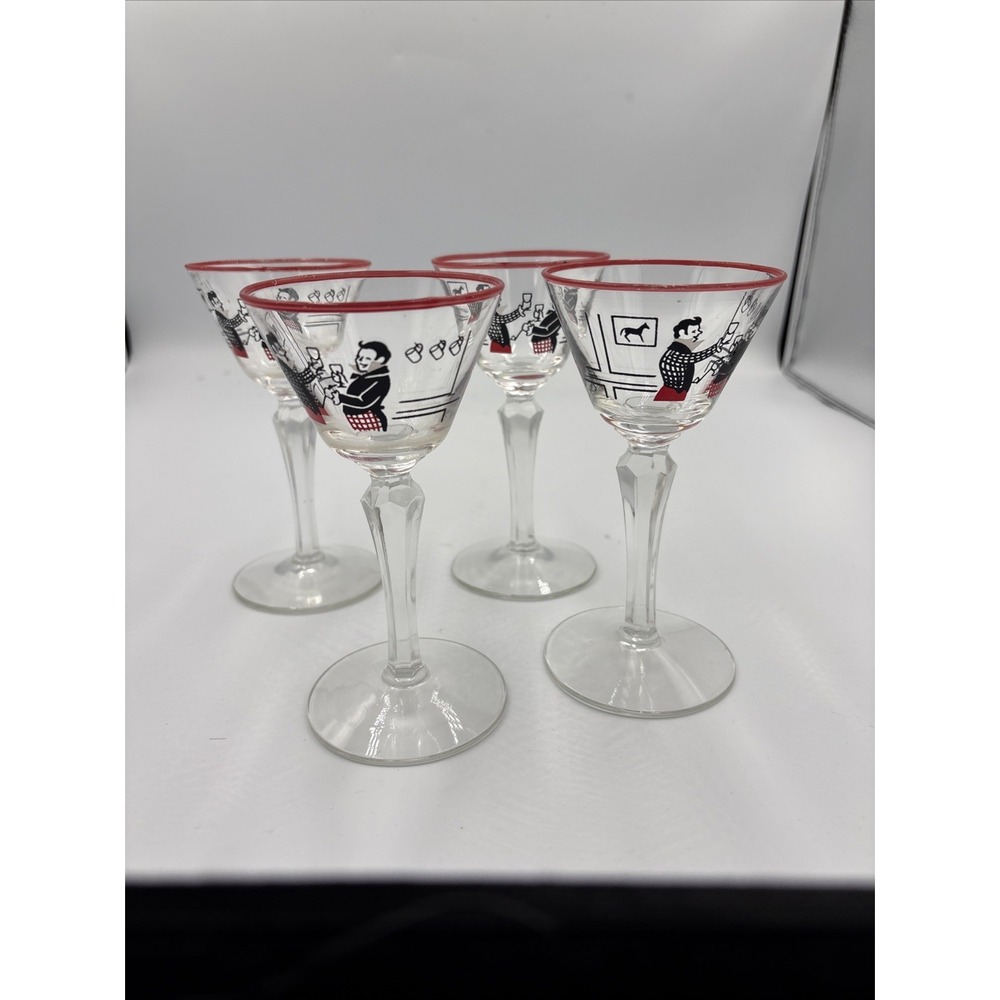 MCM Liquor Cocktail Glasses Martini Vtg Set 4 Dickens Merrymakers Libby